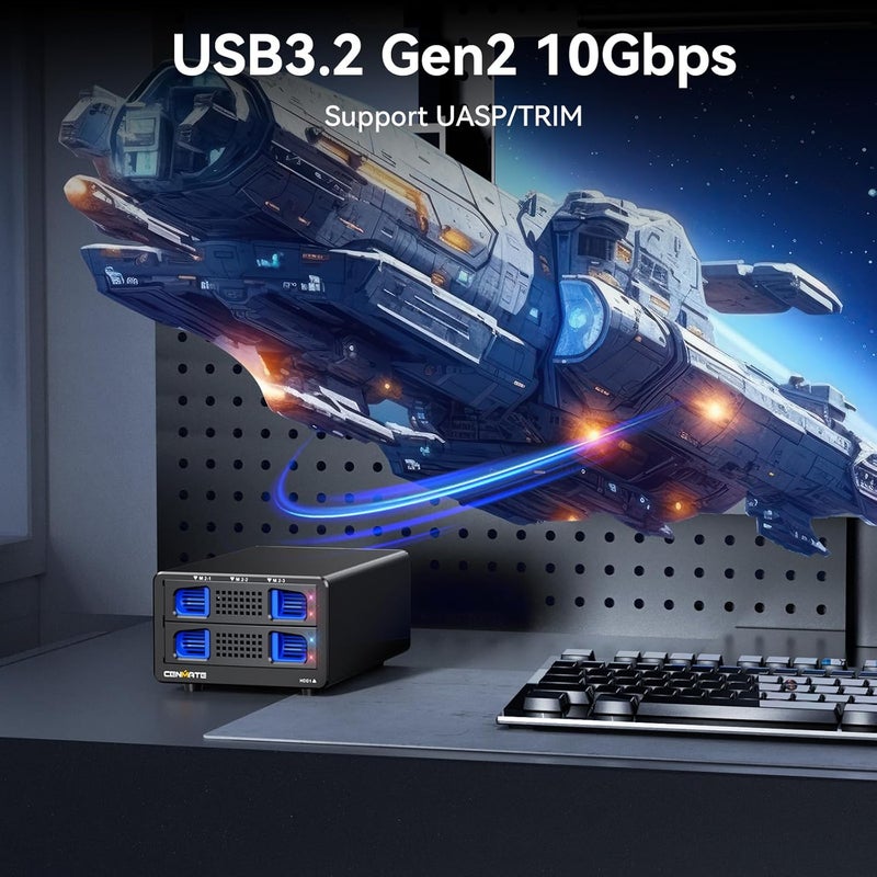 cenmate Hybrid 2.5/3.5" SATA HDD/SSD+3* M / B+M Key M.2 NVMe Enclosure with Cooling Fan and USB A/C 3.2 Gen 2 (10Gbps), Hard Drive Enclosure Support 46TB(22TB HDD+3*8TB 2230/2242/2260/2280/22110 SSDs) - Image 3